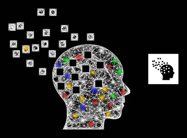 Uitgebroed Mesh Mind Disintegration Ikoon met gekleurde glare vlekken — Stockvector