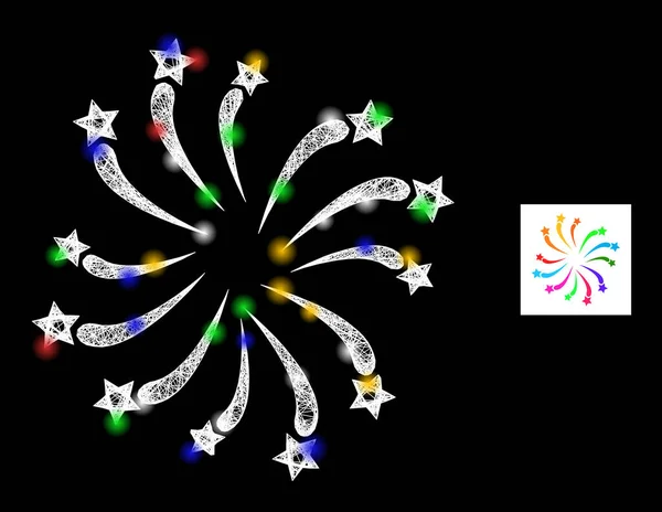 Broed Web Mesh Vuurwerk Groet Ikoon met multi gekleurde glitter stippen — Stockvector