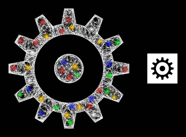 Icono de rueda de engranaje de malla web eclosionada con manchas de deslumbramiento multicolores — Vector de stock