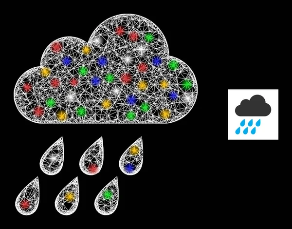 Rete Mesh Icona Nuvola di Pioggia con Nodi Flash Colorati — Vettoriale Stock