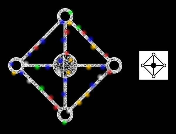 Schraffiertes Web Mesh Rhombus Grid Node Icon mit bunten Lichtpunkten — Stockvektor