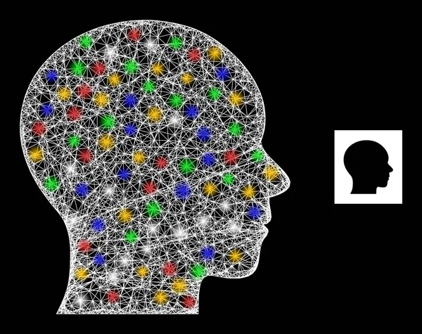Gekruiste mesh menselijk hoofd icoon met multi gekleurde glare vlekken — Stockvector