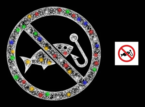 Icono de pesca prohibida de malla eclosionada con puntos de luz de colores — Vector de stock