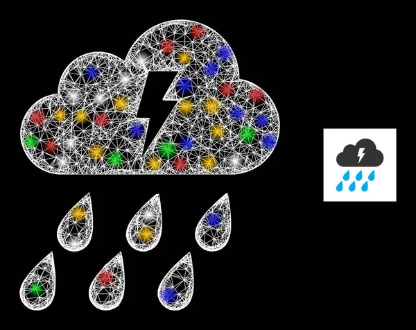Crossed Mesh Thunder Cloud Ikona s vícebarevnými světlicemi — Stockový vektor