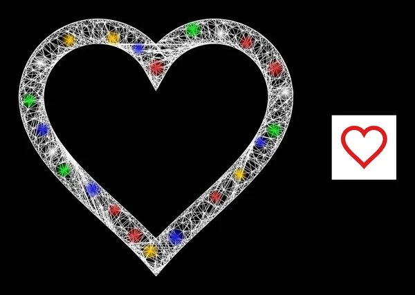 Icono de corazón de contorno de malla cruzada con nodos flash de colores brillantes — Archivo Imágenes Vectoriales