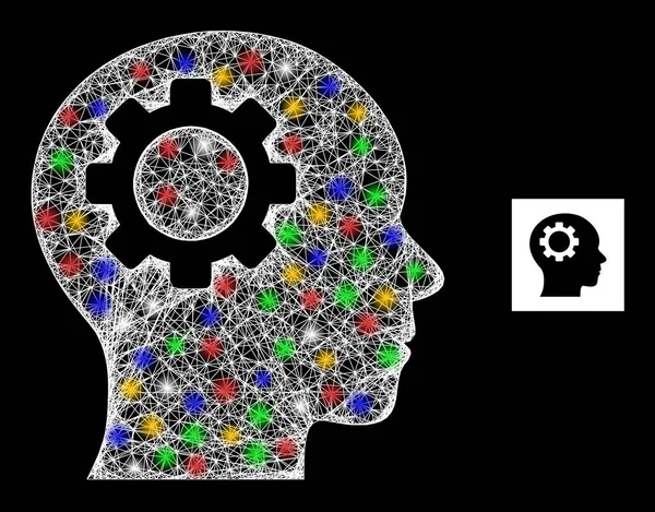 Icono de engranaje cerebral de malla web neta con nodos flash coloridos — Archivo Imágenes Vectoriales