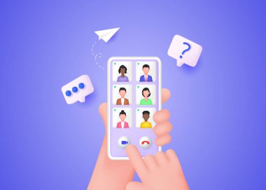 Çevrimiçi toplantı. İnsanlar birbirleriyle akıllı telefondan video arama uygulaması aracılığıyla iletişim kurarlar..