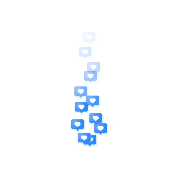 Corazones voladores en una burbuja azul aislada sobre fondo blanco. Una corriente de corazones que desaparece gradualmente. El concepto de redes sociales y transmisiones en vivo. — Vector de stock