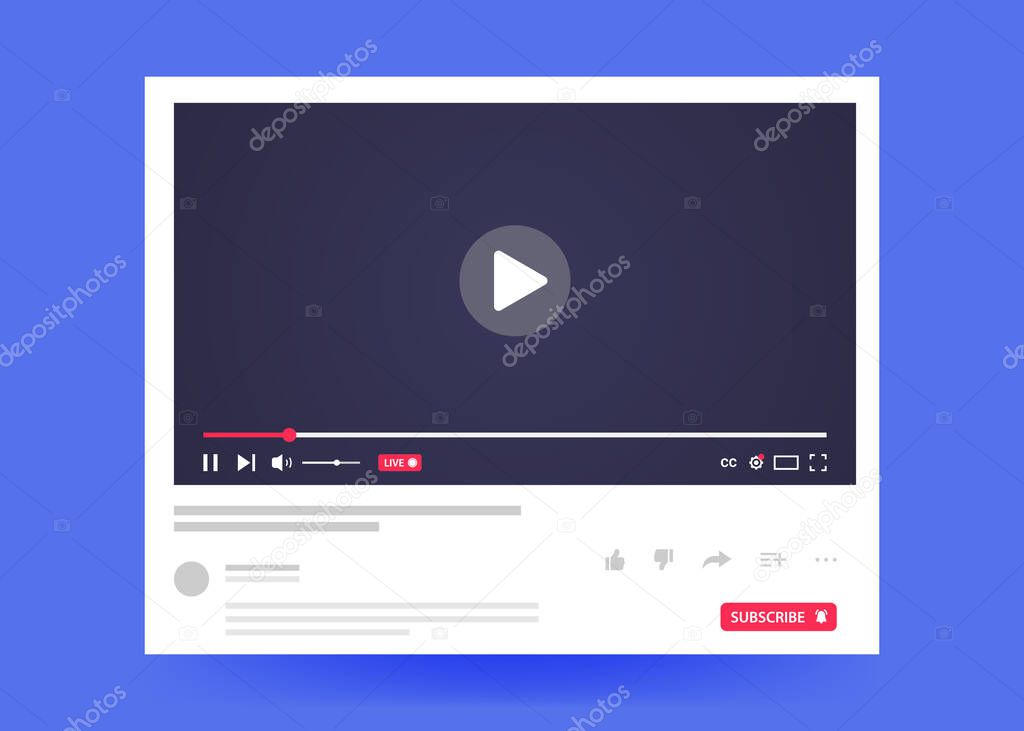 Video player template isolated on blue background. The concept of social networks and online broadcasts.