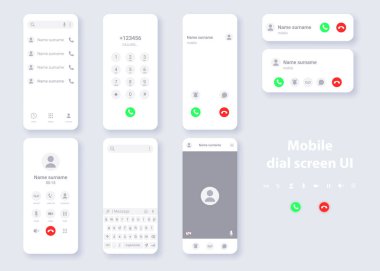 Akıllı telefon kullanıcı arayüzü ışık tema şablonu. Telefon ekranında ileti yazmak için kişi tasarımı, çevirici, çağrı, video çağrısı, klavye.