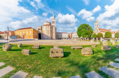 Landscape with historic roman artifacts at Form square in Zadar, Dalmatia region, Croatia