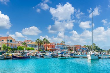 Landscape with fishing boats in port of Lixouri town, Kefalonia island, Greece