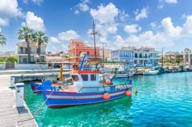 Landscape with fishing boats in port of Lixouri town, Kefalonia island, Greece