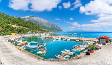 Landscape with boats in port of Poros town, Kefalonia island, Greece