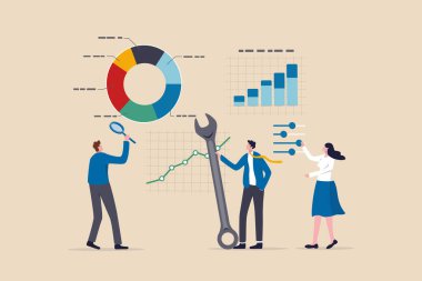 SEO, pazarlama kullanıcısı ve müşteri davranışları için veri analizi ve optimizasyonu, yatırım eğilimi kavramını analiz etmek, büyüteç kullanan iş adamları ve grafik ve grafik analizi için araçları optimize etmek.