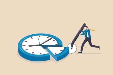 Zaman tahsisi, sonuç, proje yönetimi veya verimlilik ve üretkenlik kavramını optimize etmek için sınırlı zaman yönetimi, akıllı iş adamı saat yüzünü pizza kesici metaforuyla kesti.