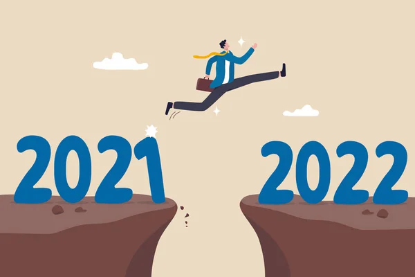 2022年の希望 新年の解決または成功の機会 新しいビジネス明るい未来への変化 ビジネスの難しさの概念を克服し 野心的なビジネスマンは2021年から2022年までの年のギャップを飛び越える — ストックベクタ