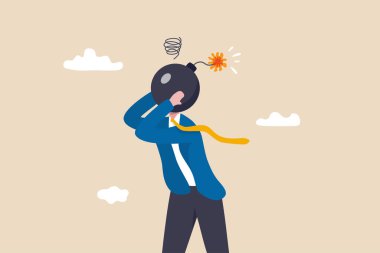 Anksiyete, stres ya da öfke duygusu, zihinsel sorun ya da depresyon, yorgunluk ya da aşırı çalışma konsepti, sinirleri bozuk iş adamı kafası patlamak üzere.