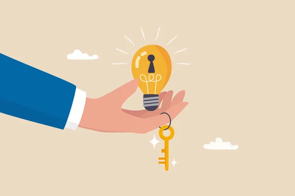 成功的关键 解决问题的创意 开拓职业潜力的创新或知识 商人的手 用钥匙和金钥匙打开明亮的灯泡 — 图库矢量图片