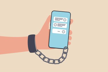 Nomofobi ya da cep telefonu fobisi, akıllı telefon ve sosyal medya bağımlılığı ya da konsepti kaybetme korkusu, elleri kelepçeli gençler sohbet ve sosyal medya uygulamaları ile zincirlenmiş.