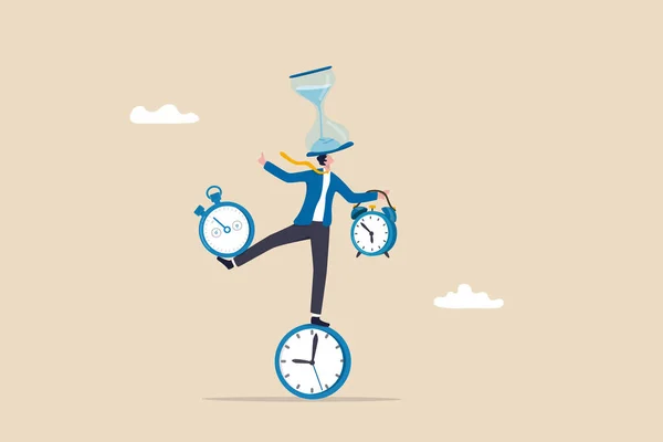时间管理或生产力上瘾 工作生活平衡或控制工作项目时间和时间表概念 聪明的商人平衡所有时间 倒计时 — 图库矢量图片