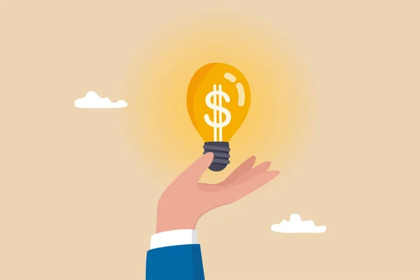 高い利益でお金のアイデア 投資と貯蓄を啓発し ビジネスアイデアはお金や利益を稼ぐために 革新や創造性の概念は ビジネスマンの手を明るく点灯お金を保持ドル電球のアイデア — ストックベクタ