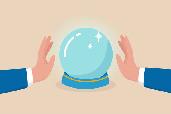 Business forecast, investment stock market prediction or super power to see future, fortune teller to see opportunity concept, businessman hand with magical power see forecasting on crystal magic ball