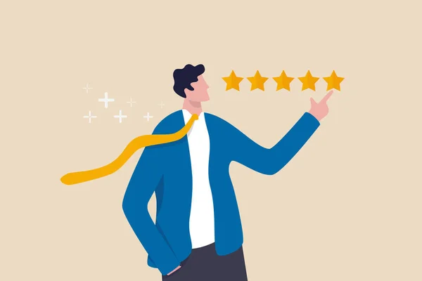 お客様からのフィードバック5つ星評価 最高品質 優れた高性能評価 ポジティブなランキングやビジネスの評判と満足度の概念 5つ星評価を与える自信ビジネスマン — ストックベクタ
