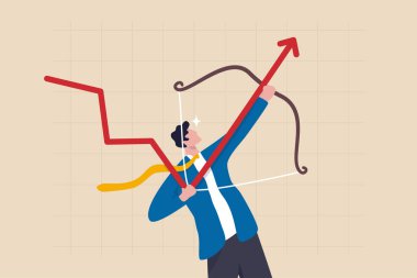 Ekonomik düzelme, yükselen kar veya büyümeye geçiş, iş gelirlerini iyileştirme veya yatırım gelirlerini artırma konsepti, akıllı işadamı, yayıyla yükselen eğilim grafiğini geri çevirdi.