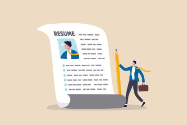 En iyi özgeçmiş yazma veya özgeçmiş yazma veya yeni iş başvurusu, iş deneyimini avantaj, kariyer ve işe alım konsepti olarak tanımlama, akıllı özgüven işadamı özgeçmiş yazmayı bitirme.