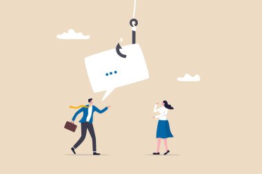 Yalancı, sahtekar iş arkadaşı, aldatan patron iş avantajı, dolandırıcılık ya da yolsuzluk, mesaj tuzağı konsepti, sahtekar işadamı iş arkadaşına yalan söylüyor konuşma balonunda olta yemine yem atıyor.