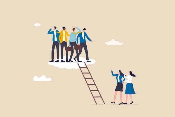 男女格差 会社の取締役会における男性の支配 不平等または不公平な 管理職の立場の不平等 ビジネスマンは女性の同僚のために残されたスペースなしで雲の上にはしごを登る — ストックベクタ