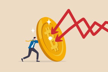 Bitcoin, kripto ve borsa çöküşünün güvenli cenneti, finansal kriz veya baloncuk patlamasında kalkan veya koruma, zenginlik kavramını kaybetmekten koruma, bitcoin kalkanının arkasına gizlenmiş iş adamı yatırımcısı.