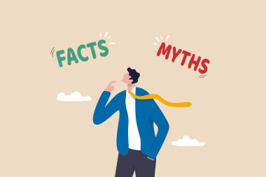 Myths vs Facts, true or false information, fake news or fictional, reality versus mythology knowledge concept, confused and doubtful businessman thinking with curiosity compare between facts or myths. clipart