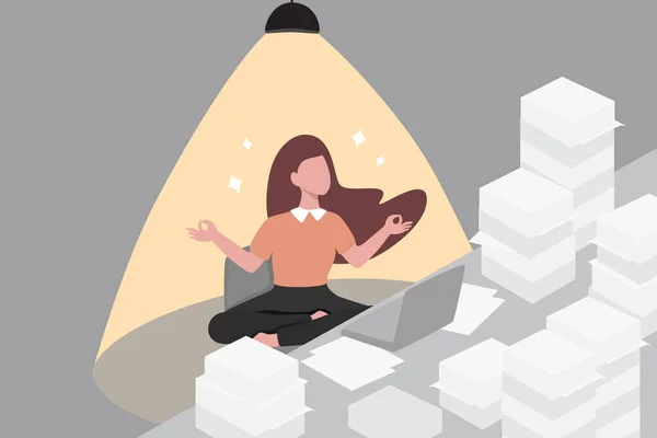 ストレス管理効果的に幸福のための不安を制御します 生産性 バランスのとれた生活と仕事 圧力と挑戦の下での回復力 ストレスを軽減するためにオフィスでリラックスした女性瞑想 — ストックベクタ