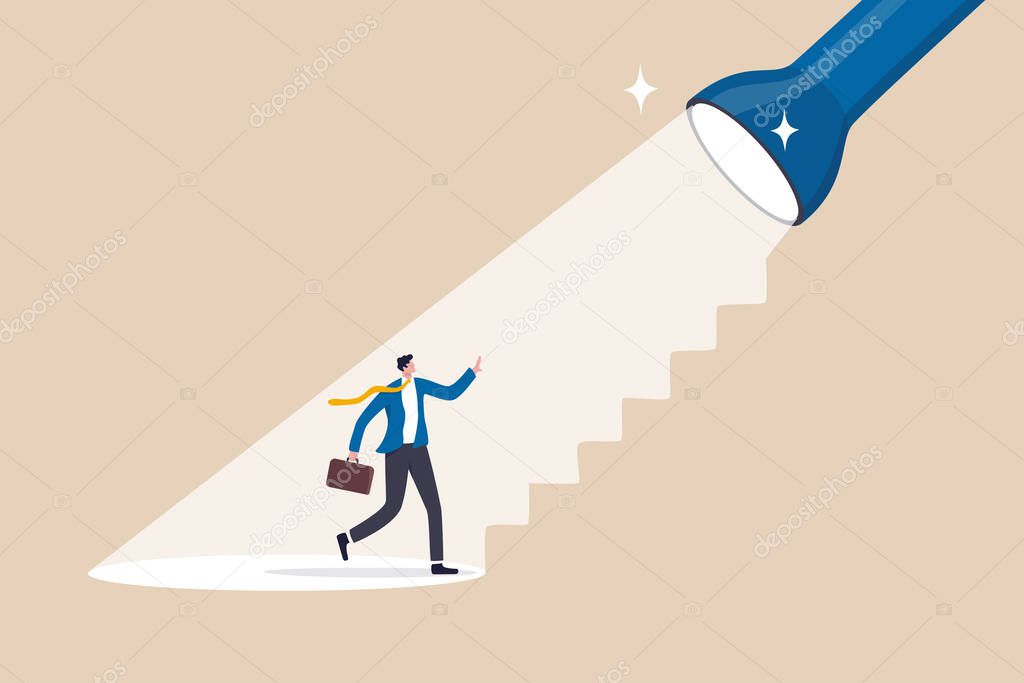 Spotlight to guide career success, recruitment or HR finding candidate or talent, opportunity or career growth, ladder of success concept, businessman walk up flashlight with staircase light beam.