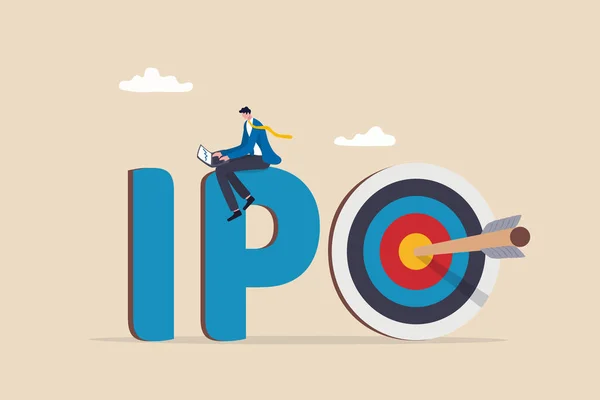 Ipo 最初の公募 会社は株式市場で公開され 投資機会を提供するか 新しい株式概念から利益を得る 事業者のトレーダーはブルズアイターゲットとアルファベットIpoで株式を取引 — ストックベクタ