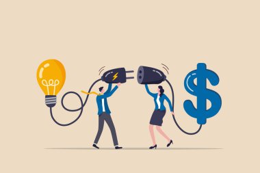 Girişim ve girişimci şirket için girişim sermayesi veya finansal destek, fon toplama kavramı için para fikri veya fikir üretmek, iş adamı ve kadın ampulü dolar işareti ile bağlıyor.