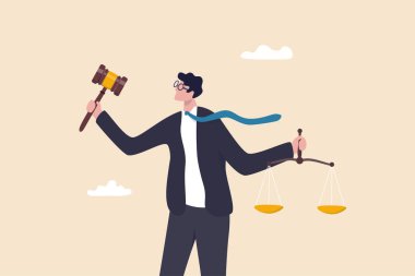 Hukuki karar, yargı veya mevzuat yetkisi, avukat, avukat veya etik, dava ve jüri konsepti, iş adamı avukat veya avukat tokmak ve eşitlik terazisini elinde tutuyor.