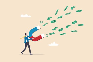 Para mıknatısı, iş fırsatları çekme ve daha fazla kazanma gücü veya zenginlik, maaş zammı veya daha fazla gelir kavramı, akıllı iş adamı para banknotları çekmek için yüksek güç mıknatısı tutuyor.