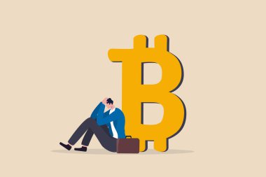 Korku, belirsizlik ve şüphe kısaltması FUD olarak şifreli para ticareti bilgi konsepti ile karışık iş adamı Bitcoin sembolü üzerinde korkuyla oturan. 