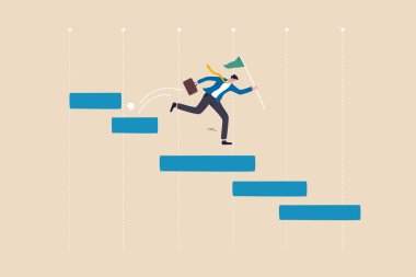 Proje yönetimi şelalesi hedef zaman çizelgesi konsepti dahilinde tam görev ve iş akışını izlemek için, proje yönetimi diyagramında bayrak atlaması kazanan iş adamı proje yöneticisi.