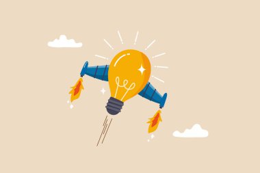 Başarıya yardım etmek için yaratıcı fikir, hayal gücü, yenilik veya teknoloji geliştirmek, iş yarışması konseptini kazanmak için yeni bir çözüm bulmak, roket iticilerinin hızla havada uçuştuğu parlak ampul fikri.
