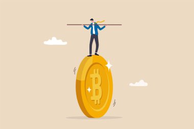 Bitcoin ve kripto yatırım riski, risk ve geri dönüş arasındaki denge, dalgalanmayı aşmak ve kar kavramı oluşturmak için kripto para sorunu, dev bitcoin üzerinde akrobat olarak dengelenen iş adamı yatırımcısı
