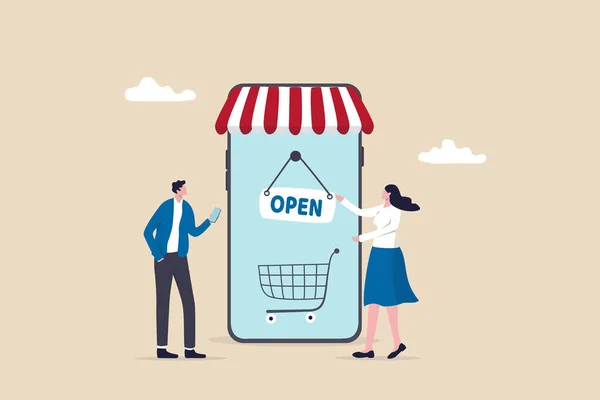 Open Online Shop Store Website Commerce Sell Product Concept Businesswoman — ストックベクタ