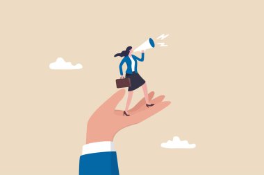 Çalışanları iş problemini çözmek için konuşmaya, konuşmaya ya da tartışmaya teşvik etmek, geri bildirim ya da fikir kavramını dinlemek, dev el, iş kadını çalışanına megafonla konuşmasında yardım etmek..