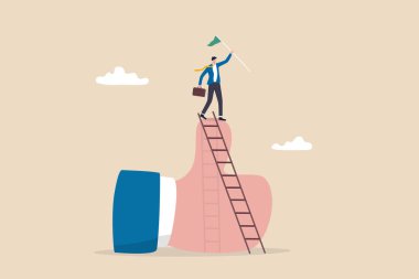 Success businessman climb up ladder of success to the top holding winning flag standing on thumb up metaphor of great job or mission accomplish.
