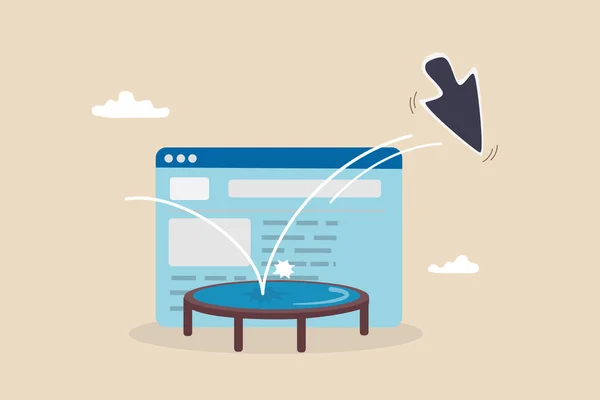 Web sitesi sıçrama oranı, ziyaretçi web sitesini görmek veya çıkmak için tıklayın, SEO optimizasyon konsepti için pazarlama veya reklam analizleri, fare imleci düşer ve web sitesi sayfasında trambolinde zıplar.