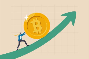 Bitcoin and crypto price rising up, soaring and price increase, crypto currency value growth, mass adoption concept, businessman investor trying hard to push bitcoin up rising up arrow graph and chart
