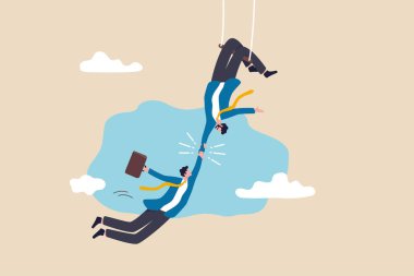 Trustworthy and honesty to believe in work together, integrity or trust for partnership, support and reliable to help success together concept, businessman acrobat hold hand tight by trusted partner.